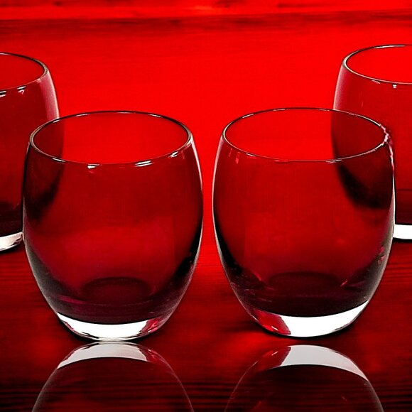 Ruby Red Stemless Wine Glasses Hand Blown Vintage Holiday's Barware EUC J1 - Picture 1 of 10